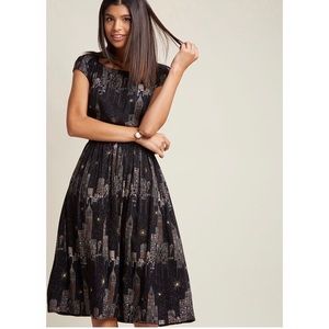 Black NYC pattern midi dress